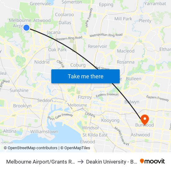 Melbourne Airport/Grants Rd (Melbourne Airport) to Deakin University - Burwood Campus map