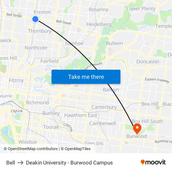 Bell to Deakin University - Burwood Campus map