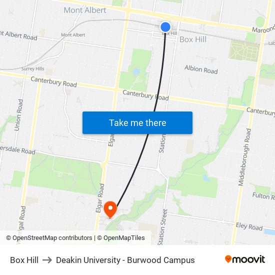 Box Hill to Deakin University - Burwood Campus map