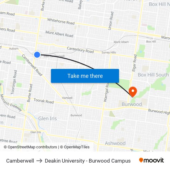 Camberwell to Deakin University - Burwood Campus map