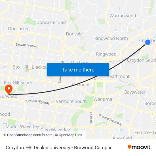 Croydon to Deakin University - Burwood Campus map