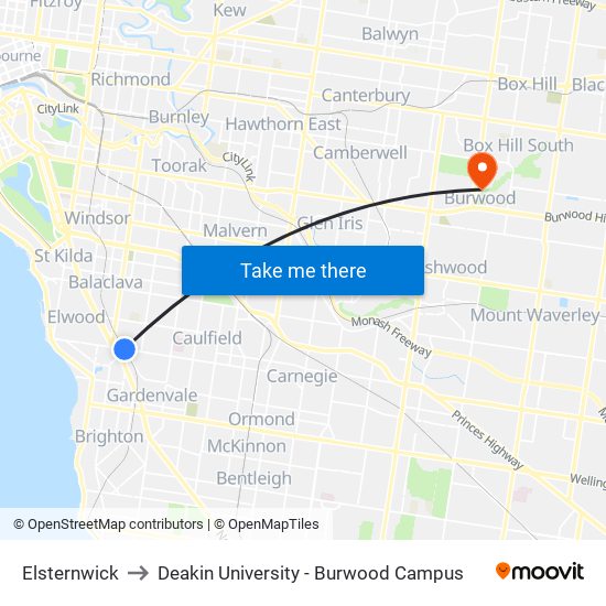 Elsternwick to Deakin University - Burwood Campus map