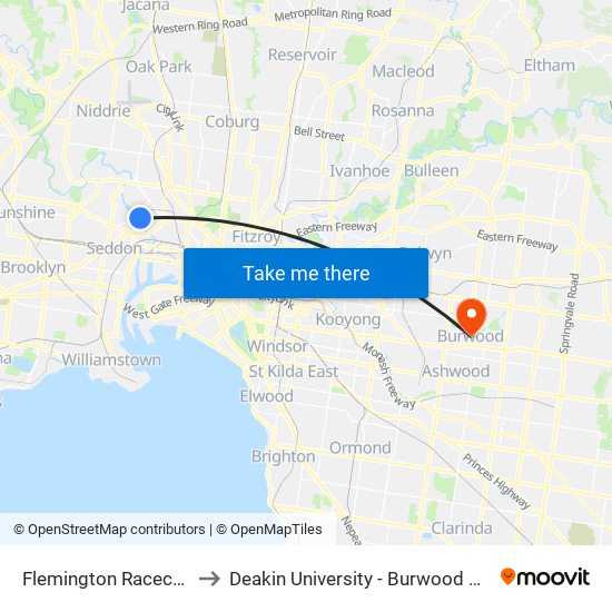 Flemington Racecourse to Deakin University - Burwood Campus map