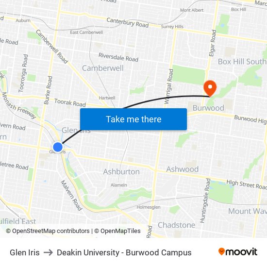 Glen Iris to Deakin University - Burwood Campus map