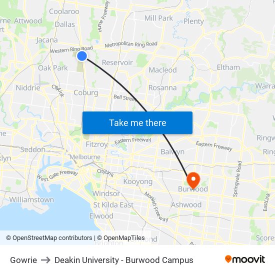 Gowrie to Deakin University - Burwood Campus map