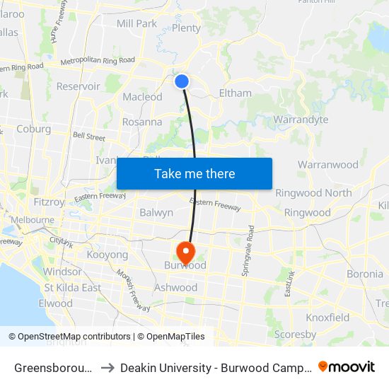 Greensborough to Deakin University - Burwood Campus map