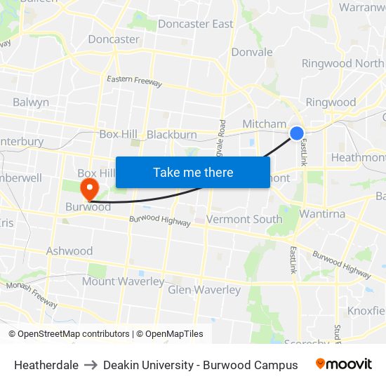 Heatherdale to Deakin University - Burwood Campus map