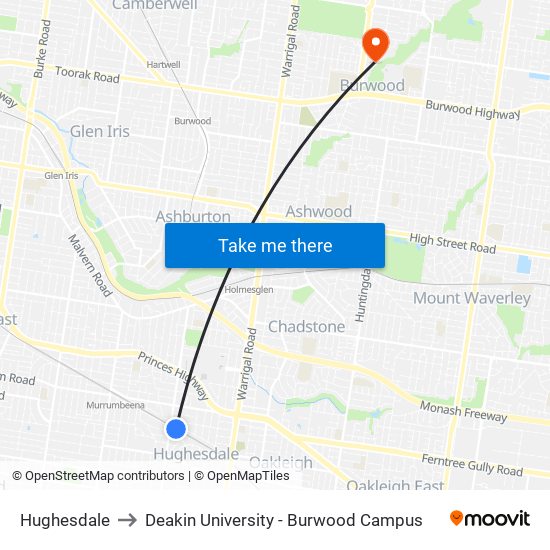 Hughesdale to Deakin University - Burwood Campus map