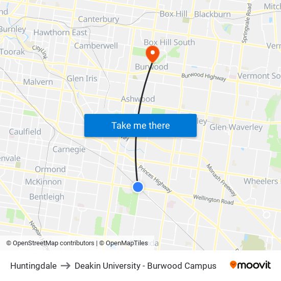 Huntingdale to Deakin University - Burwood Campus map