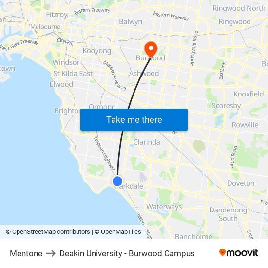 Mentone to Deakin University - Burwood Campus map