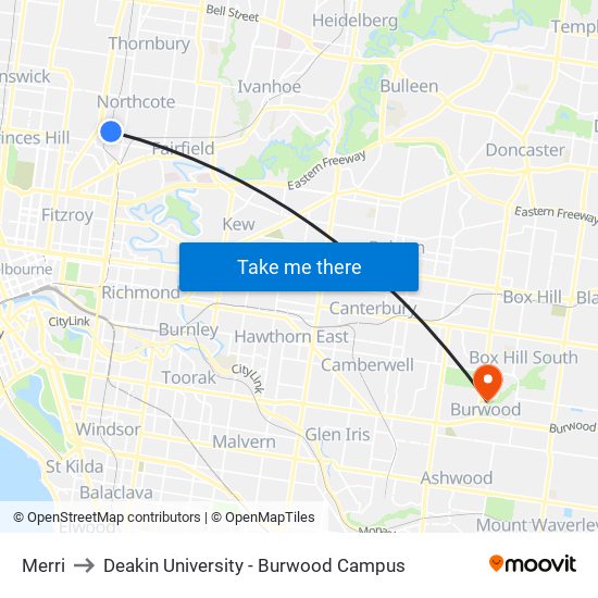 Merri to Deakin University - Burwood Campus map