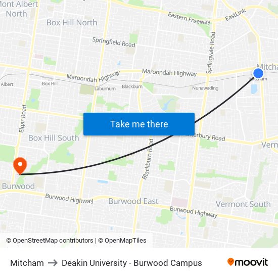 Mitcham to Deakin University - Burwood Campus map