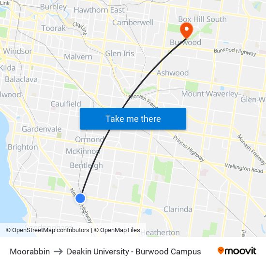 Moorabbin to Deakin University - Burwood Campus map