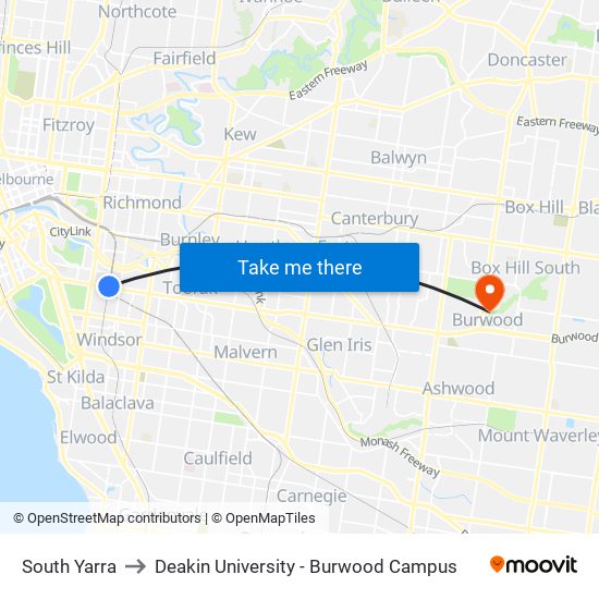 South Yarra to Deakin University - Burwood Campus map