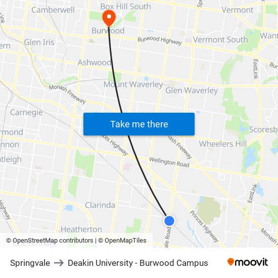 Springvale to Deakin University - Burwood Campus map