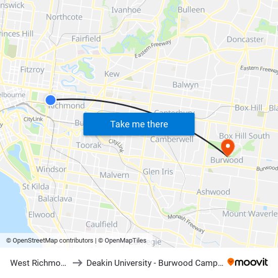 West Richmond to Deakin University - Burwood Campus map