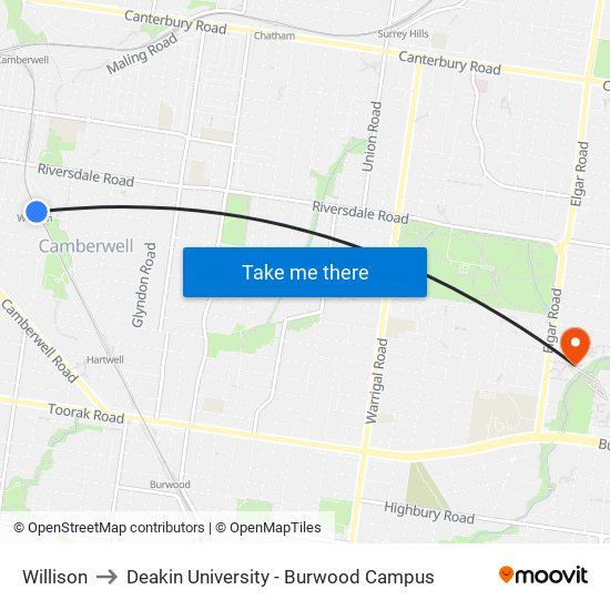 Willison to Deakin University - Burwood Campus map