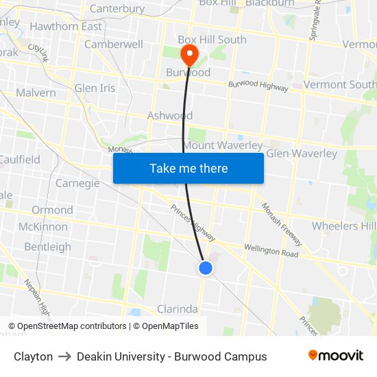 Clayton to Deakin University - Burwood Campus map