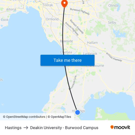 Hastings to Deakin University - Burwood Campus map