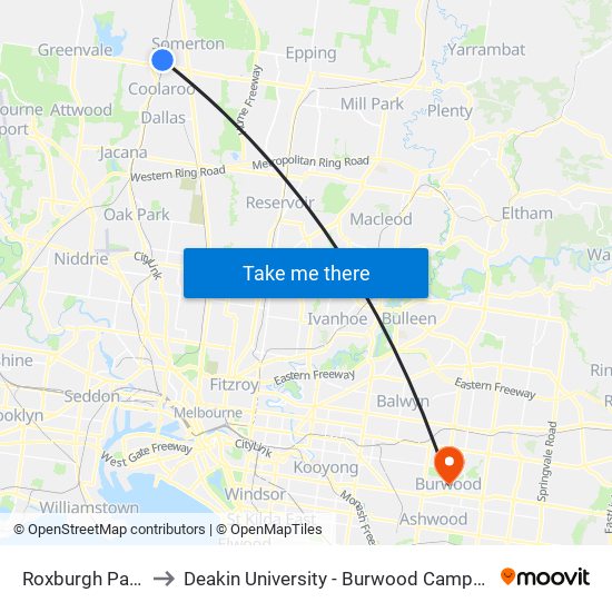 Roxburgh Park to Deakin University - Burwood Campus map