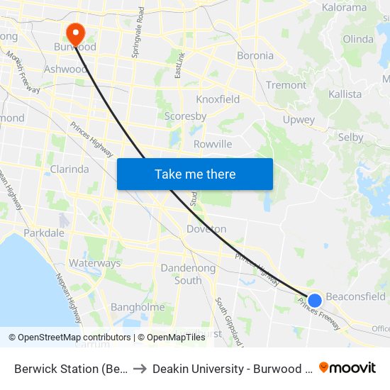 Berwick Station (Berwick) to Deakin University - Burwood Campus map