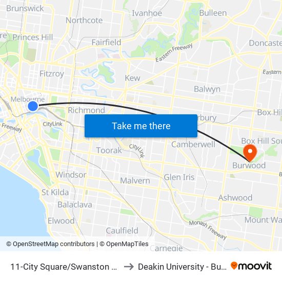 11-City Square/Swanston St (Melbourne City) to Deakin University - Burwood Campus map