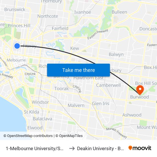 1-Melbourne University/Swanston St (Carlton) to Deakin University - Burwood Campus map