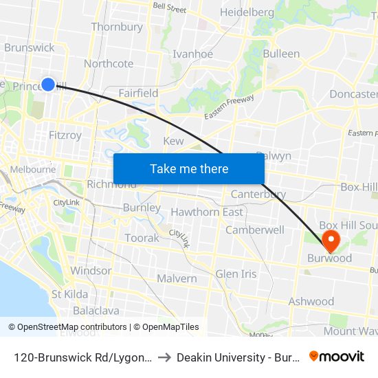 120-Brunswick Rd/Lygon St (Brunswick) to Deakin University - Burwood Campus map