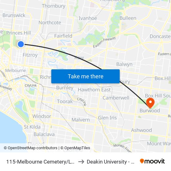 115-Melbourne Cemetery/Lygon St (Carlton North) to Deakin University - Burwood Campus map