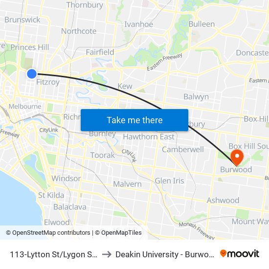 113-Lytton St/Lygon St (Carlton) to Deakin University - Burwood Campus map