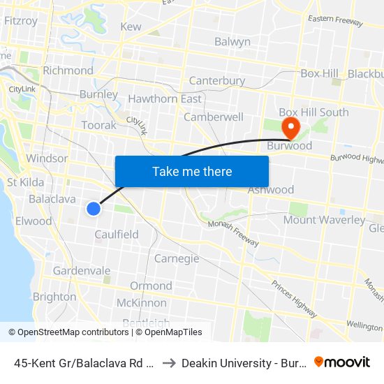 45-Kent Gr/Balaclava Rd (Caulfield North) to Deakin University - Burwood Campus map