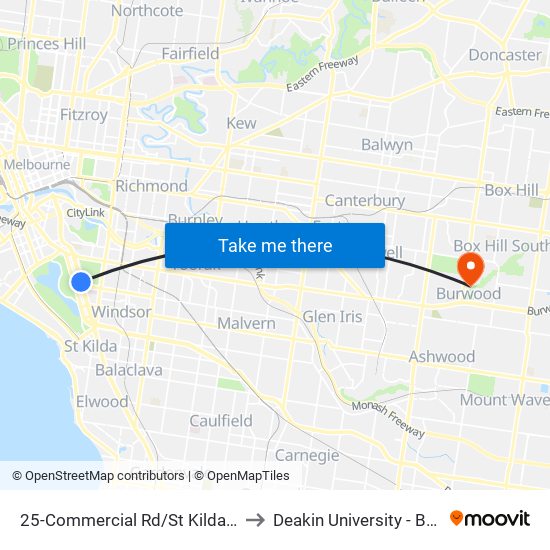 25-Commercial Rd/St Kilda Rd (Melbourne City) to Deakin University - Burwood Campus map