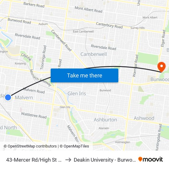 43-Mercer Rd/High St (Armadale) to Deakin University - Burwood Campus map