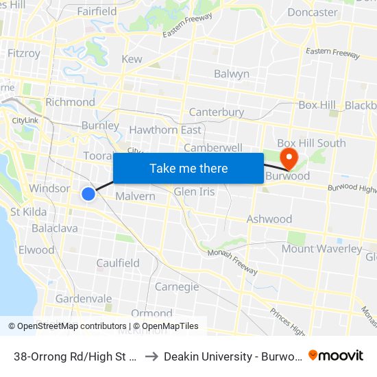 38-Orrong Rd/High St (Armadale) to Deakin University - Burwood Campus map