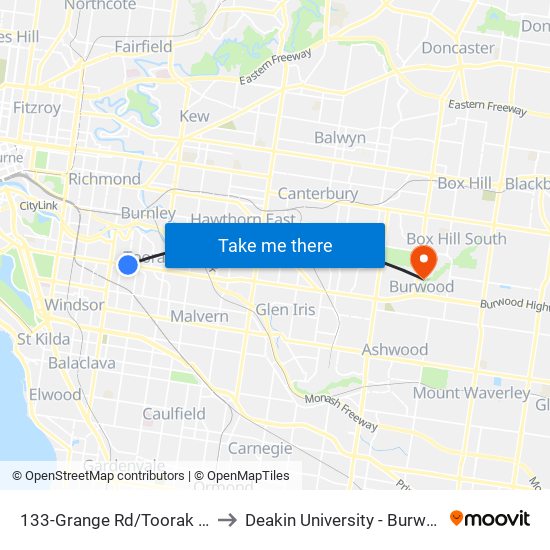 133-Grange Rd/Toorak Rd (Toorak) to Deakin University - Burwood Campus map