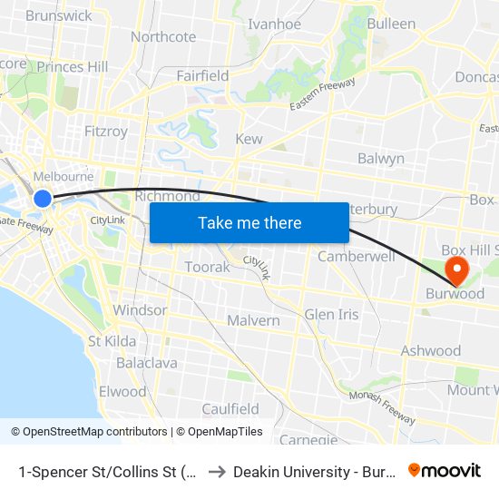 1-Spencer St/Collins St (Melbourne City) to Deakin University - Burwood Campus map