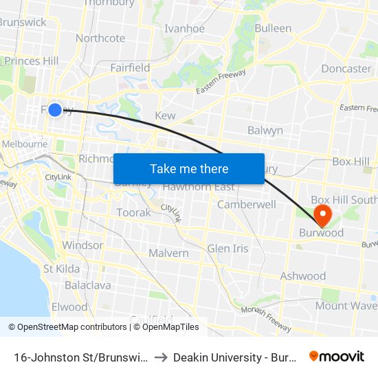 16-Johnston St/Brunswick St (Fitzroy) to Deakin University - Burwood Campus map