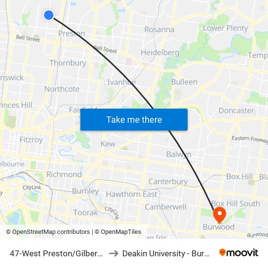 47-West Preston/Gilbert Rd (Preston) to Deakin University - Burwood Campus map
