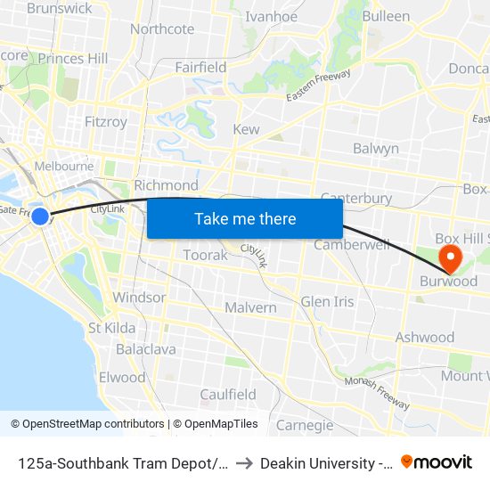 125a-Southbank Tram Depot/Light Rail (South Melbourne) to Deakin University - Burwood Campus map