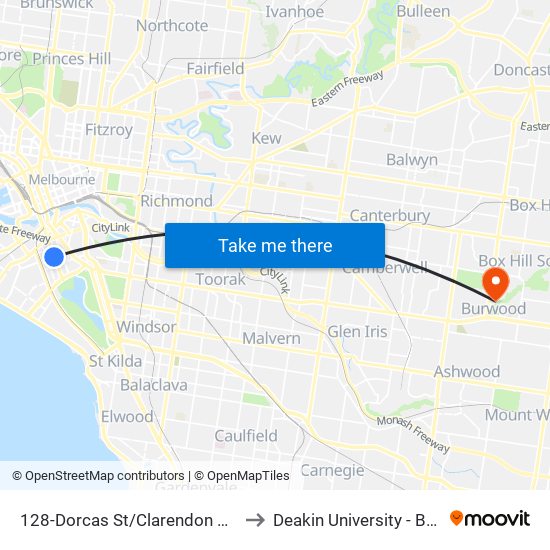 128-Dorcas St/Clarendon St (South Melbourne) to Deakin University - Burwood Campus map