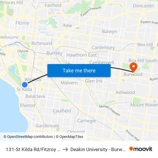 131-St Kilda Rd/Fitzroy St (St Kilda) to Deakin University - Burwood Campus map