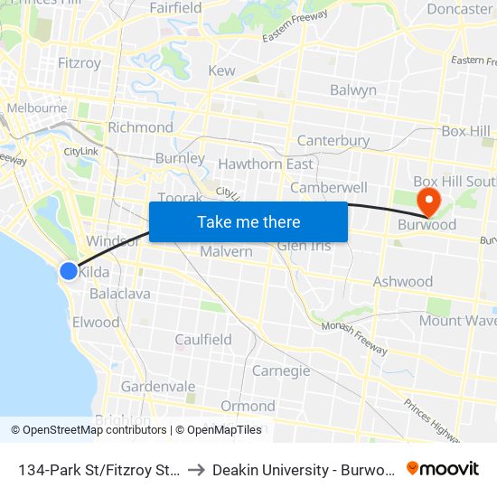 134-Park St/Fitzroy St (St Kilda) to Deakin University - Burwood Campus map