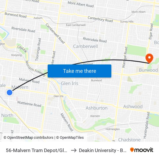 56-Malvern Tram Depot/Glenferrie Rd (Malvern) to Deakin University - Burwood Campus map