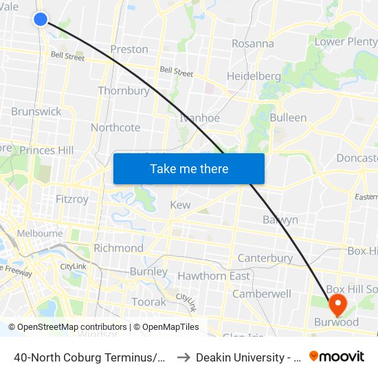 40-North Coburg Terminus/Sydney Rd (Coburg North) to Deakin University - Burwood Campus map