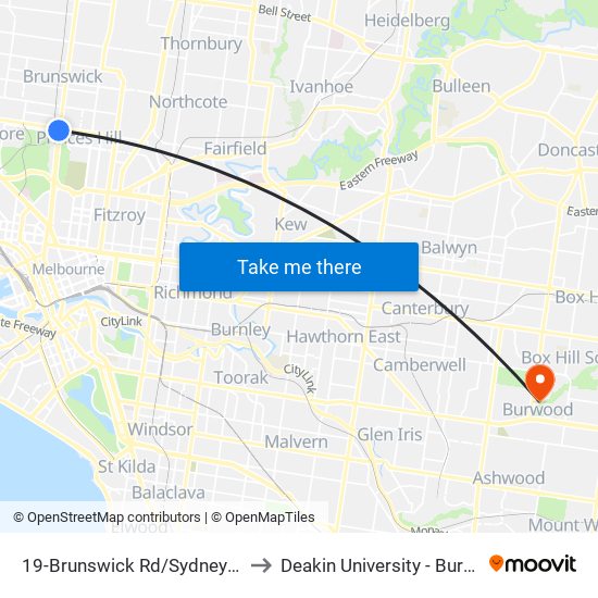 19-Brunswick Rd/Sydney Rd (Brunswick) to Deakin University - Burwood Campus map