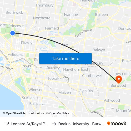 15-Leonard St/Royal Pde (Parkville) to Deakin University - Burwood Campus map