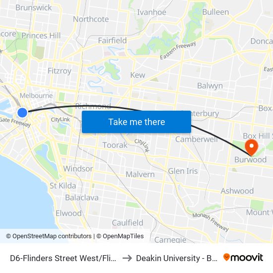 D6-Flinders Street West/Flinders St (Docklands) to Deakin University - Burwood Campus map