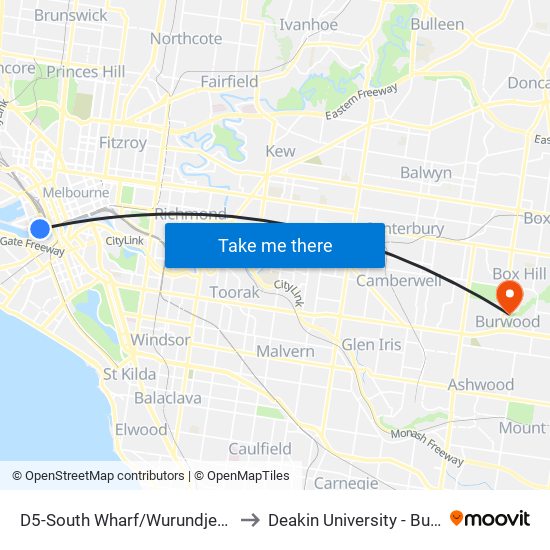 D5-South Wharf/Wurundjeri Way (Docklands) to Deakin University - Burwood Campus map