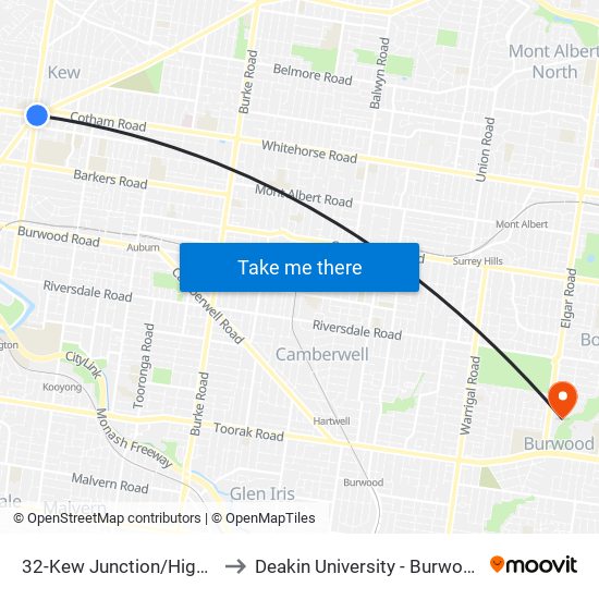 32-Kew Junction/High St (Kew) to Deakin University - Burwood Campus map