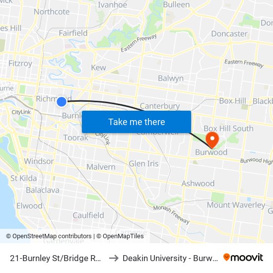 21-Burnley St/Bridge Rd (Richmond) to Deakin University - Burwood Campus map